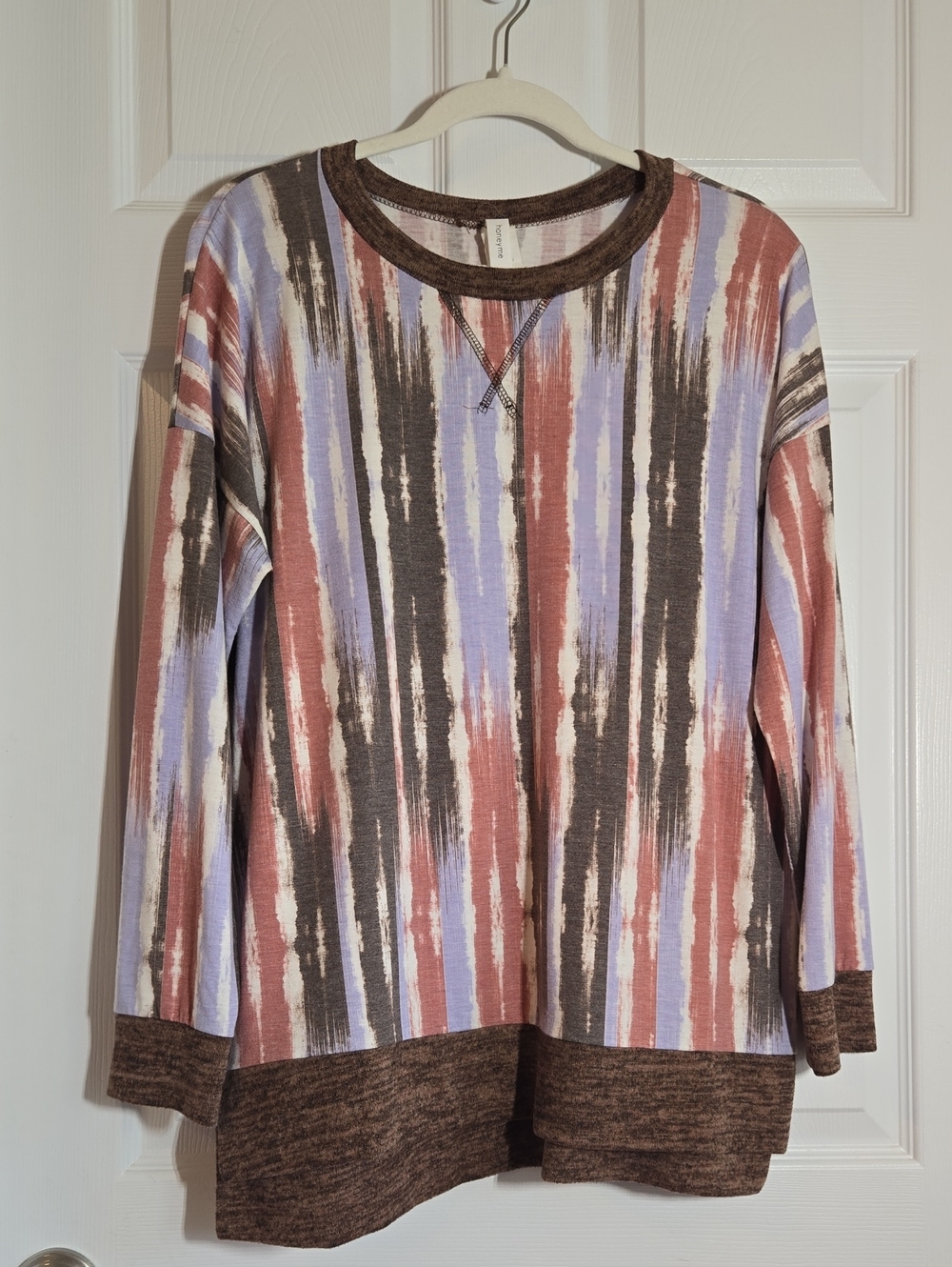 Honeyme Brown, Mauve, Blue, Cream Striped Long Sleeve Top Size Medium